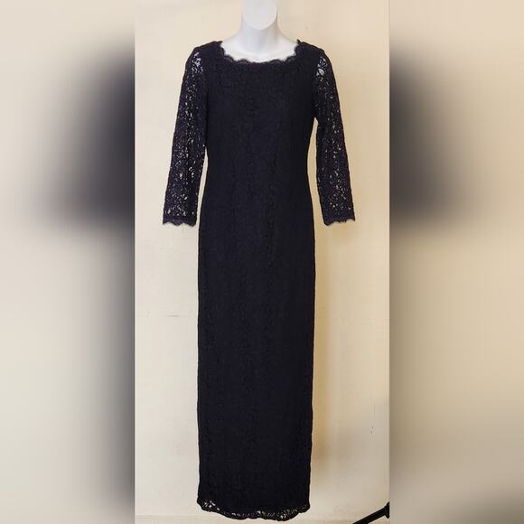 ADRIANNA PAPELL Navy Blue Floral Lace 3/4 Sleeve Evening Gown Maxi Dress Size 4 - Picture 5 of 13
